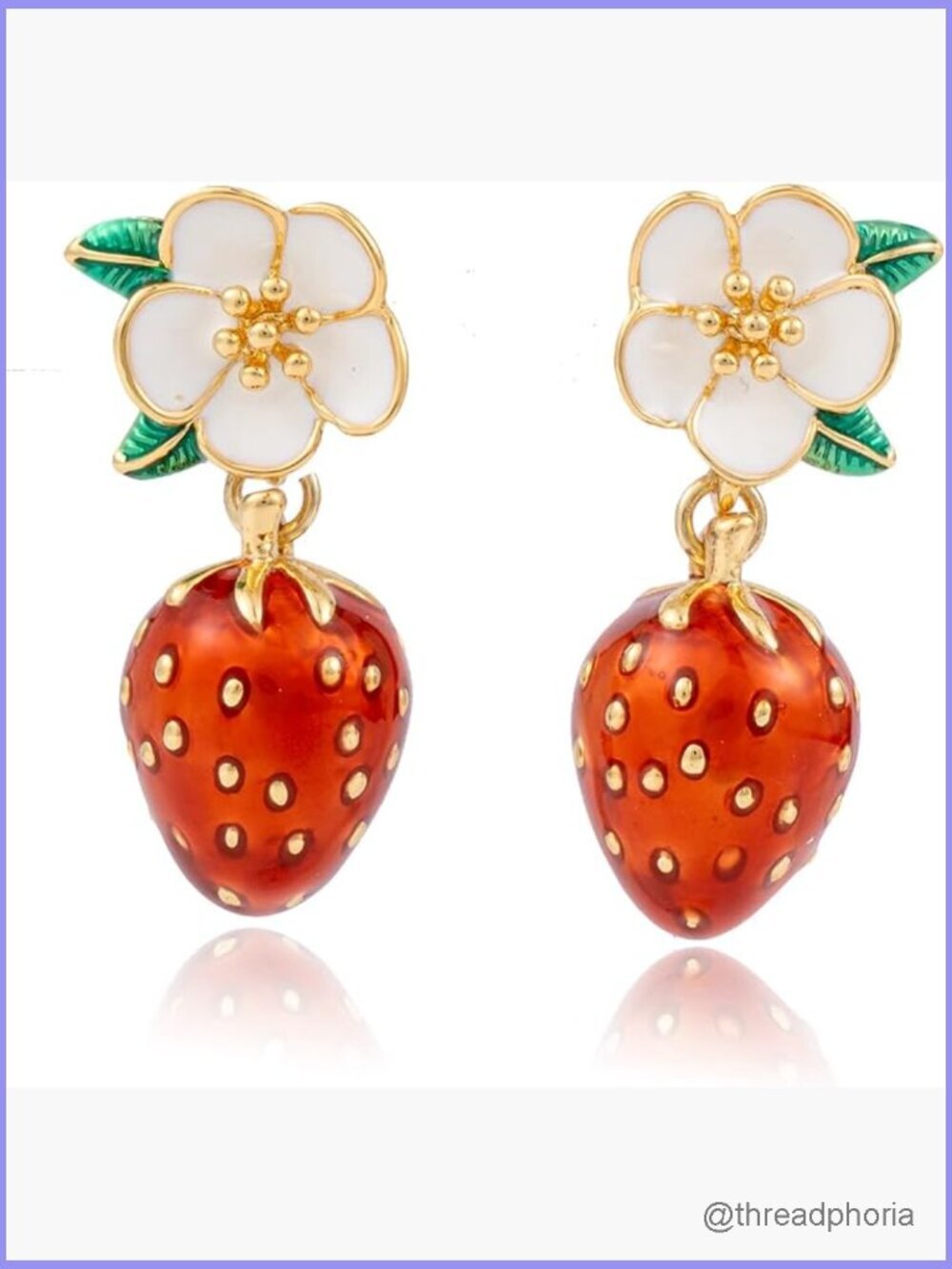 Enamel Fruit Dangle Earrings Gold Plated Cute Strawberry Handcrafted Lightweight